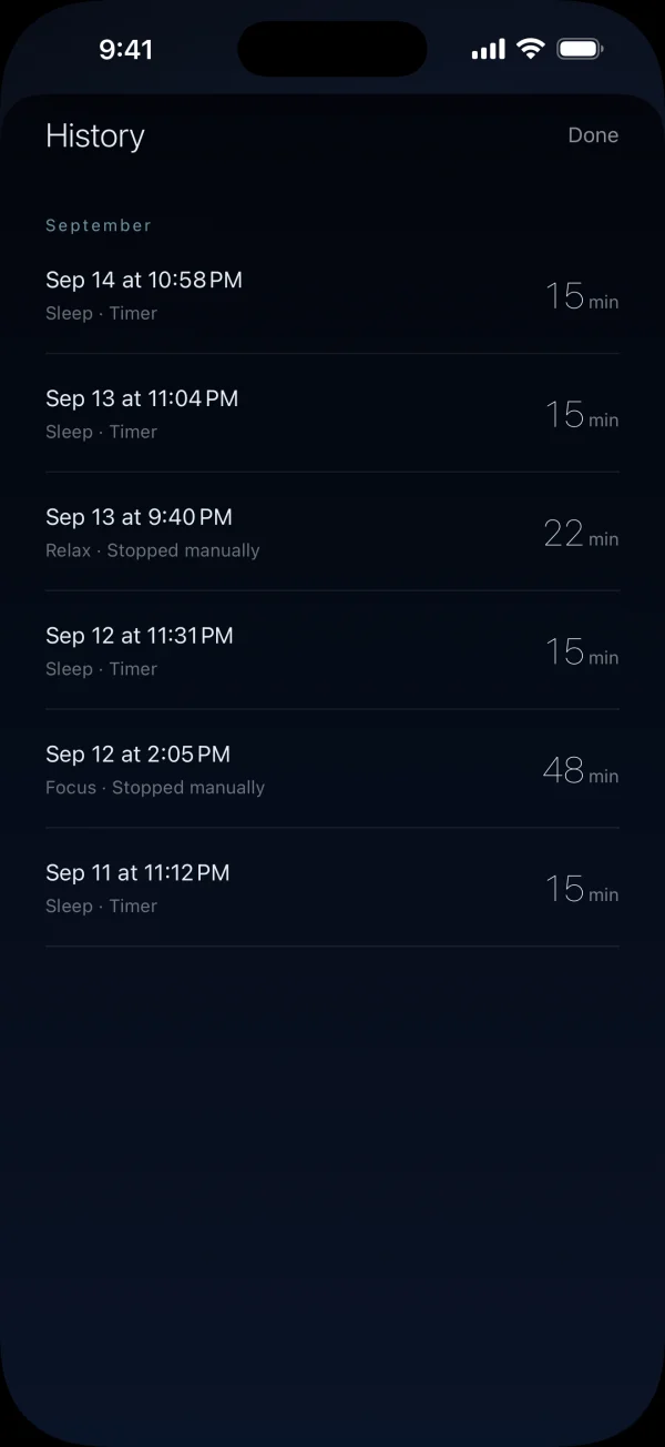 Example playback history stored on the device, with dates, scenes, and listening times.
