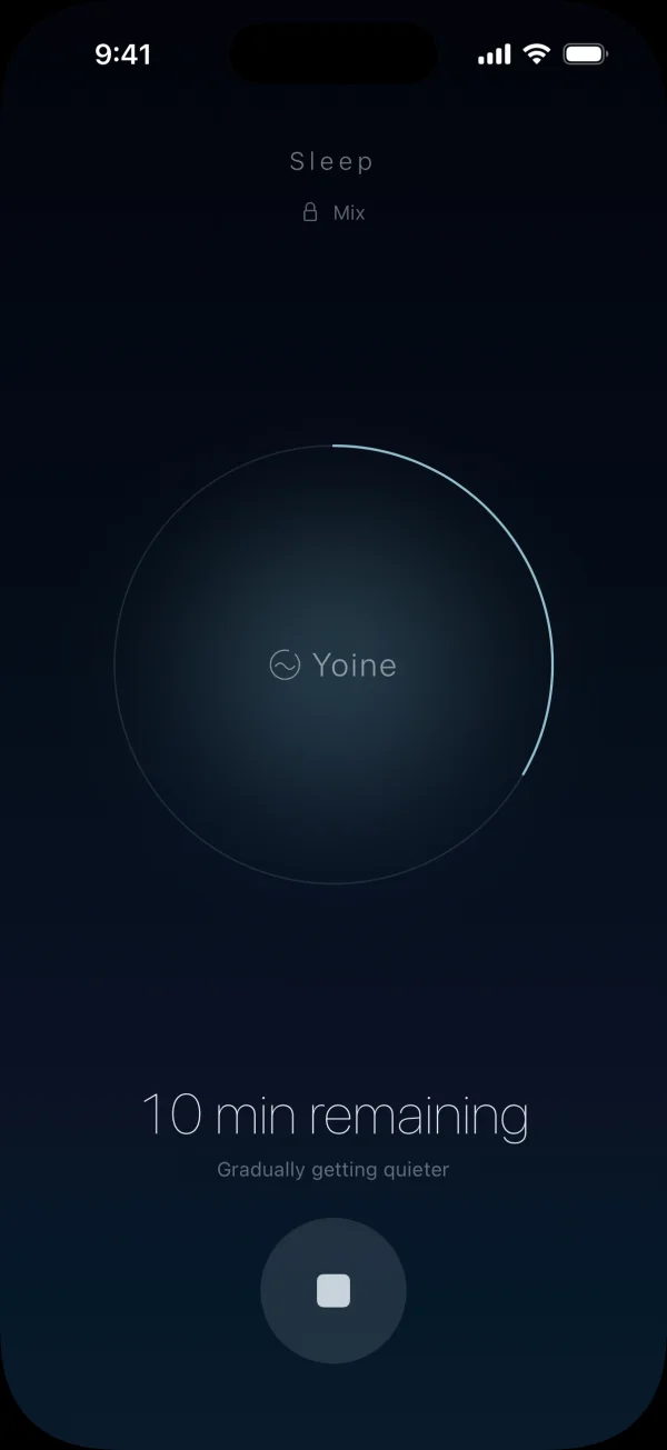 Yoine’s Sleep scene playback screen in English, with a softly glowing ring, remaining time, and stop button.
